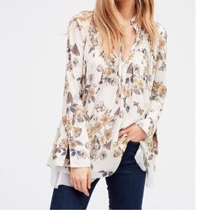 Free People Floral Print Tunic in Cream and Brown